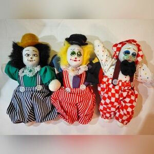 Lot Of 3 Vintage Clown Dolls Hand Painted Cloth  Face 7"